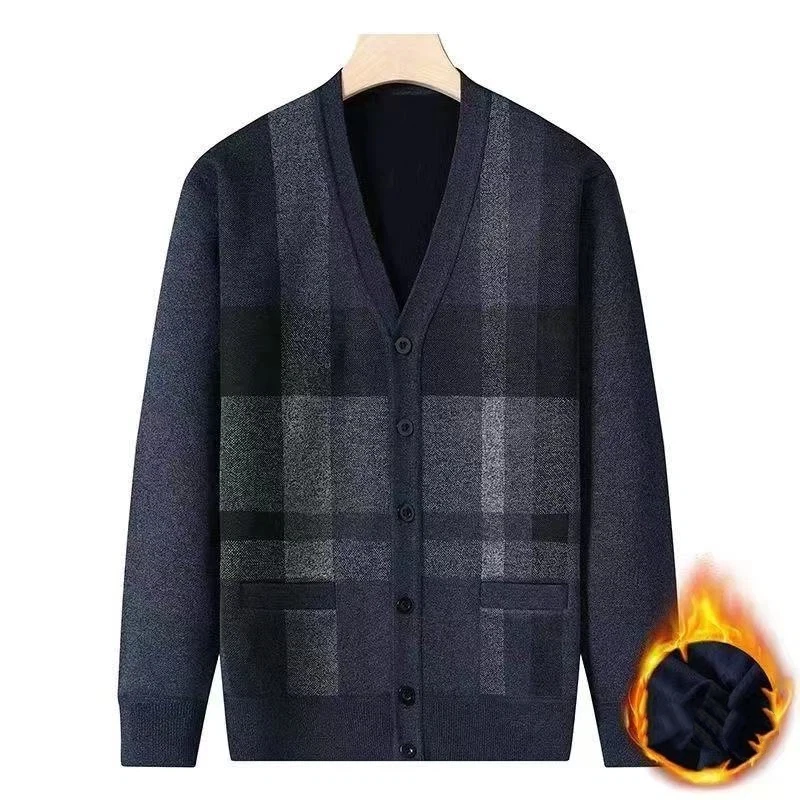 Middle-aged Elderly Autumn Winter Tops Velvet Thickened Warm Coat Sweater Men's Knitted Cardigan Knitted