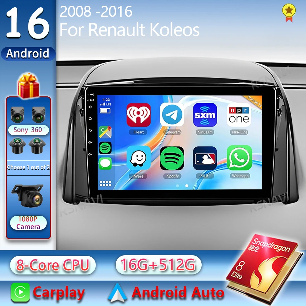 Rádio Automotivo Android 16 para Renault Koleos 2008-2016, 2K QLED, CarPlay, Reprodutor Multimídia Android, GPS, Unidade Central Estéreo 4G