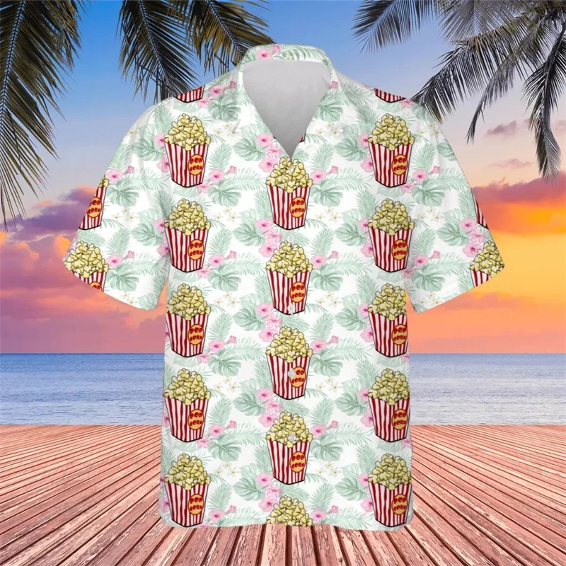 

Cute Popcorn Graphic Hawaiian Shirts Blouses For Men Funny Snack Puffed Rice Shirts Short Sleeve Kawaii Aloha Shirt Tops