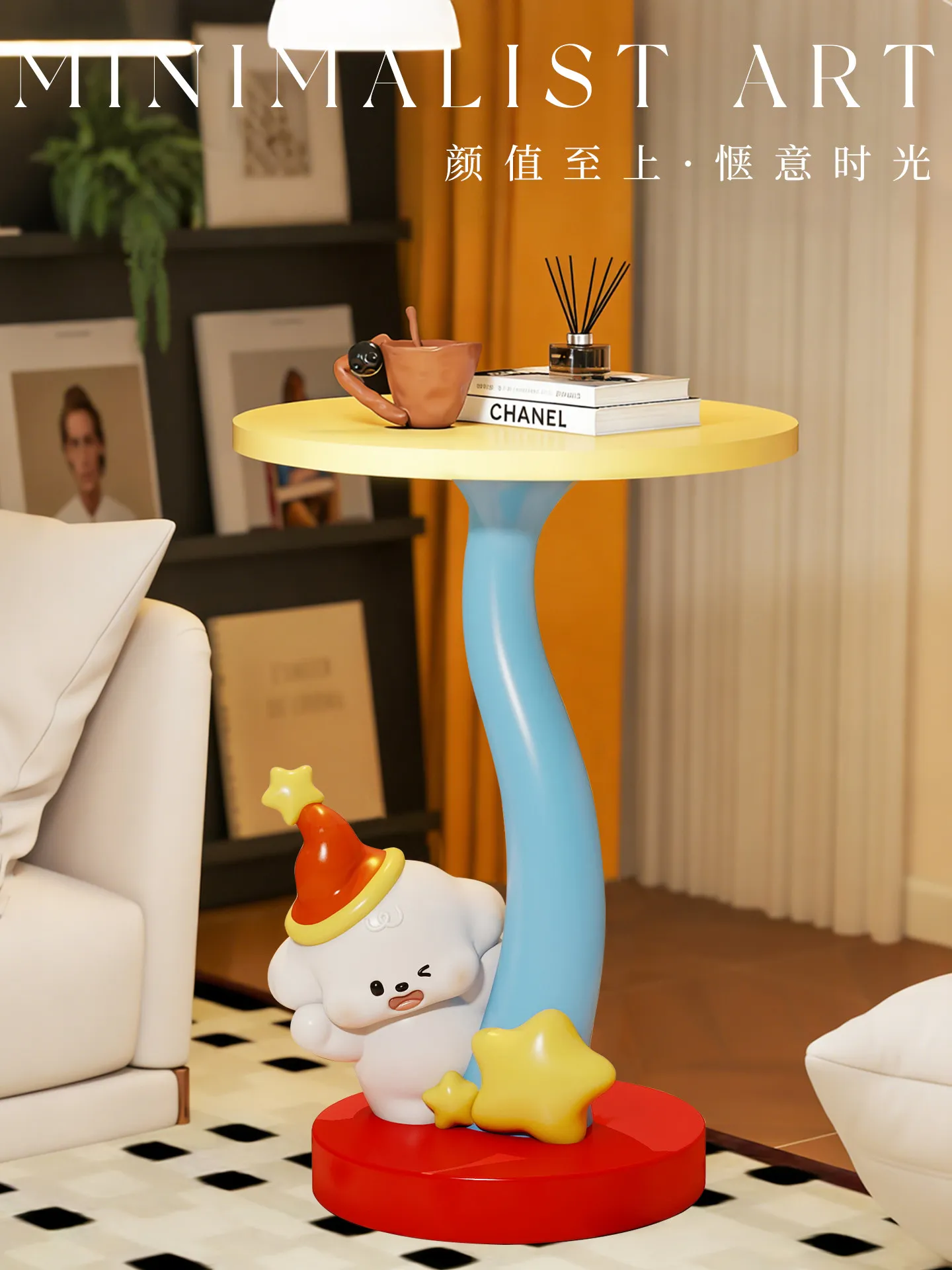 Home Decor Dog Statue Round Tea Table Creative Cartoon Animal Sculpture Sofa Side Tables Cute Small Storage Rack Home Soft Decor