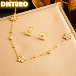 DIEYURO 316L Stainless White Rhinestone Five Leaf Flowers Necklace Earrings Suit For Women Girl New Trend Non-fading Jewelry Set