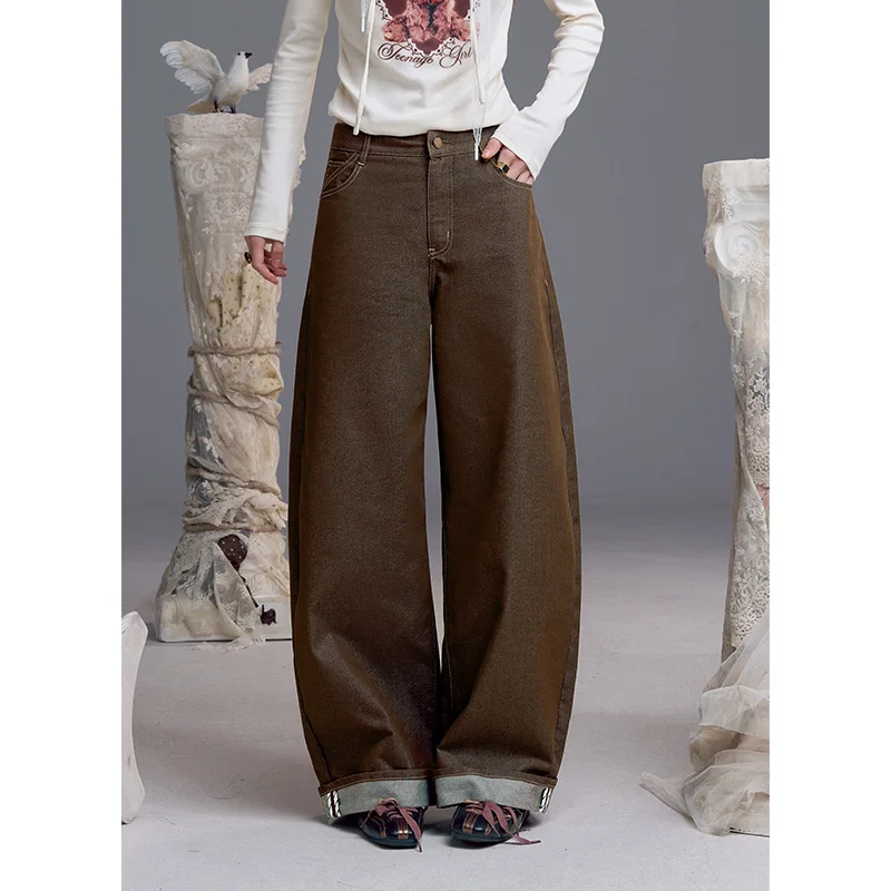 ELFSACK Vintage Wide Leg Pants with Rust Color and Contrast Stitching, Loose Streetwear Trousers for Women Everyday Outfit