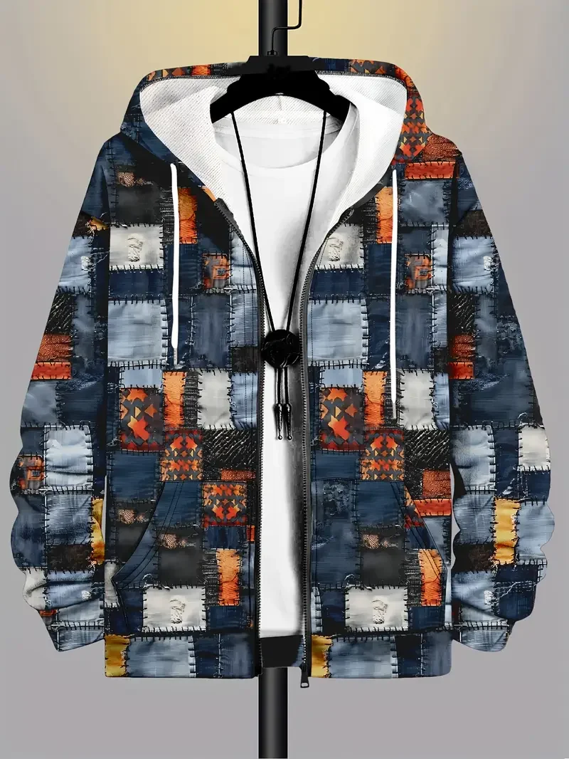 

Толстовка на молнии в стиле ретро в клетку с принтом в стиле пэчворк, мужская одежда, популярный стиль, пуловер с длинными рукавами, трендовая уличная одежда, мужские толстовки на молнии