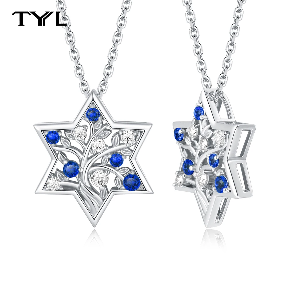 

TYYL Magen Star of David Pendant 925 Silver Sapphire Emerald Ruby Tree of Life Moissanite Necklace for Men Women Jewish Jewelry