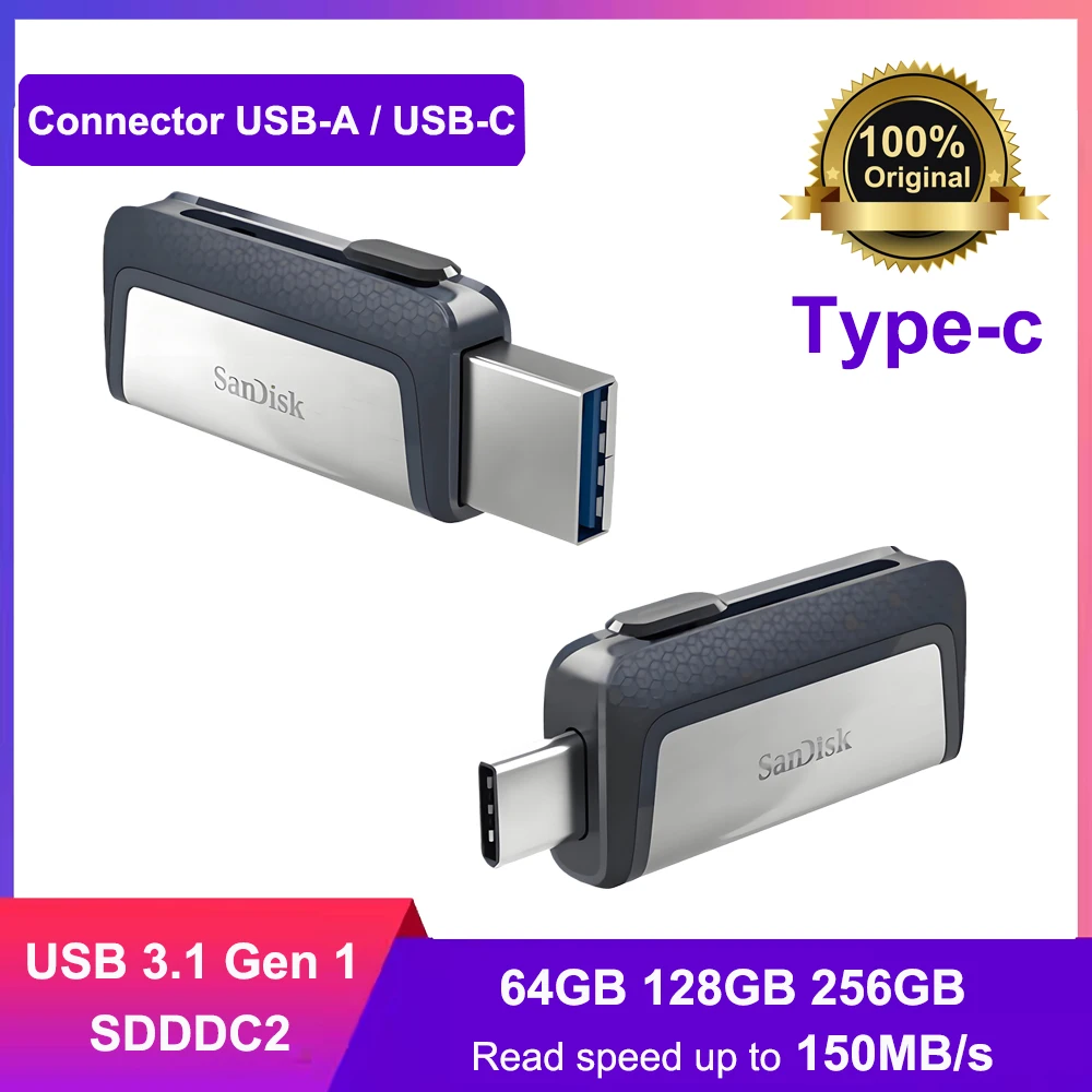 SanDisk 2-in-1 Ultra Dual Drive USB Type-C 64G 128G 256GB OTG USB3.1 performance of up to 150MB/s Dual USB Type-C and USB Type-A