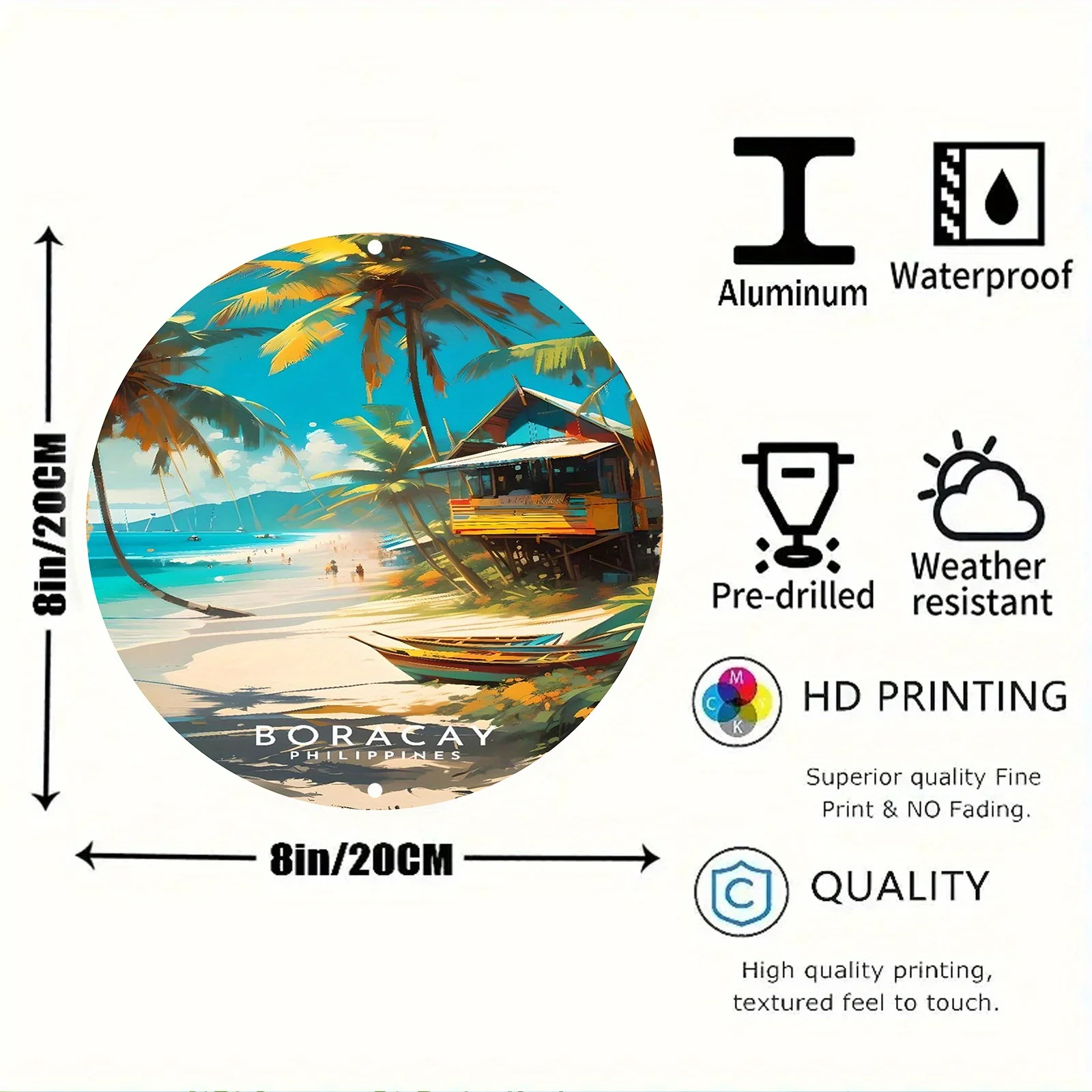 Boracay Philippines 20.32x20.32cm Round Aluminum Wall Sign - Vintage Carved, UV & Scratch Resistant, Waterproof, Pre-Drilled,