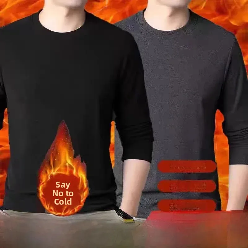 Men's Double-Sided Self-Heating Long Sleeve round Neck T-Shirt Thick Warm Base Layer Shirt Casual Style Thermal Top