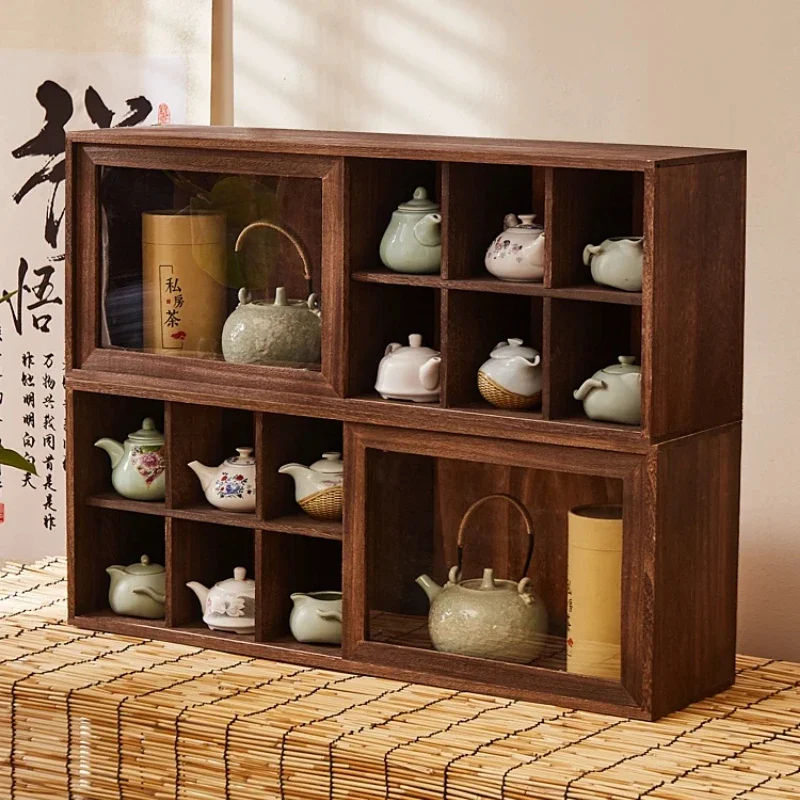 

Quality Solid Wood Bo Ancient Tea Set Storage Cabinet Multi-Treasure Display Frame Wall Hanging Teapot Rack Eco-Chic Design