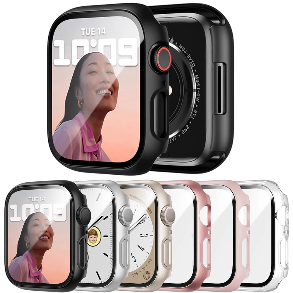 واقي للشاشة لساعة أبل 44 مللي متر 40 مللي متر 45 مللي متر 41 مللي متر 42 مللي متر 38 مللي متر ملحقات الزجاج المقسى + غطاء iWatch serie 9 8 7 SE 6 5 4