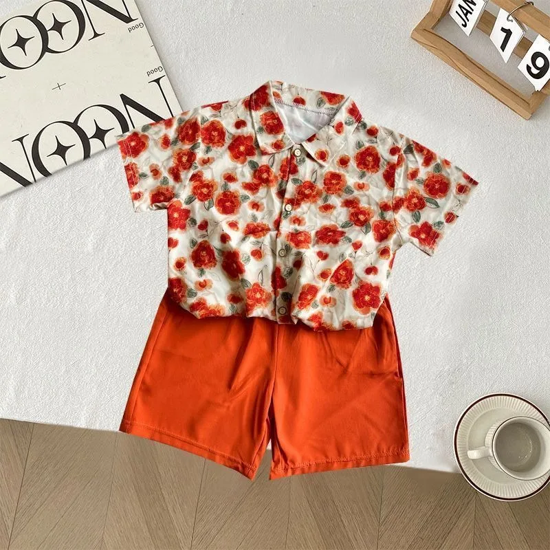

2025 Summer New Kids Floral Shirt Two Piece Set Unisex Baby Hong Kong Style Trendy Casual Versatile Streetwear