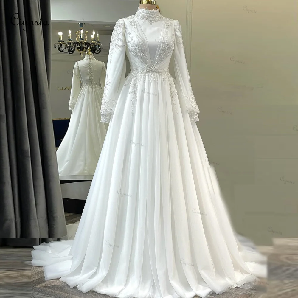 

Ciynsia Delicate Tulle with Beading Plus Size Wedding Dresses for Bride Vestido De Noiva 2024 Long Sleeves Muslim Bridal Gown