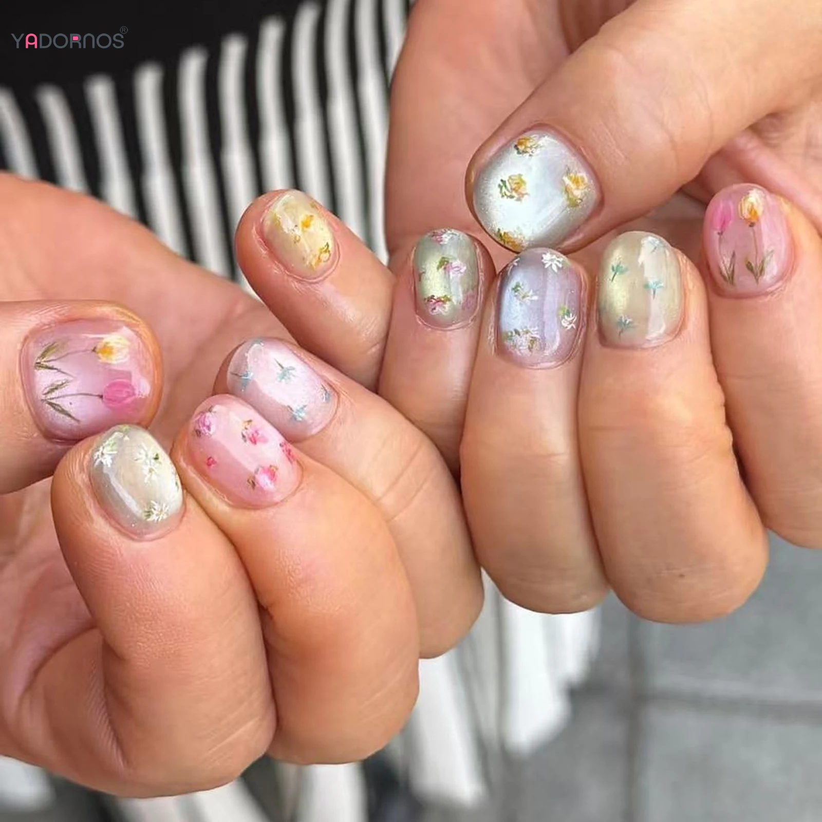 24pcs Rainbow Colorful Fake Nail Patches Spring Summer Tulip Flower Graffitti Press On Nails Macaron Cat's Eye Short False Nail