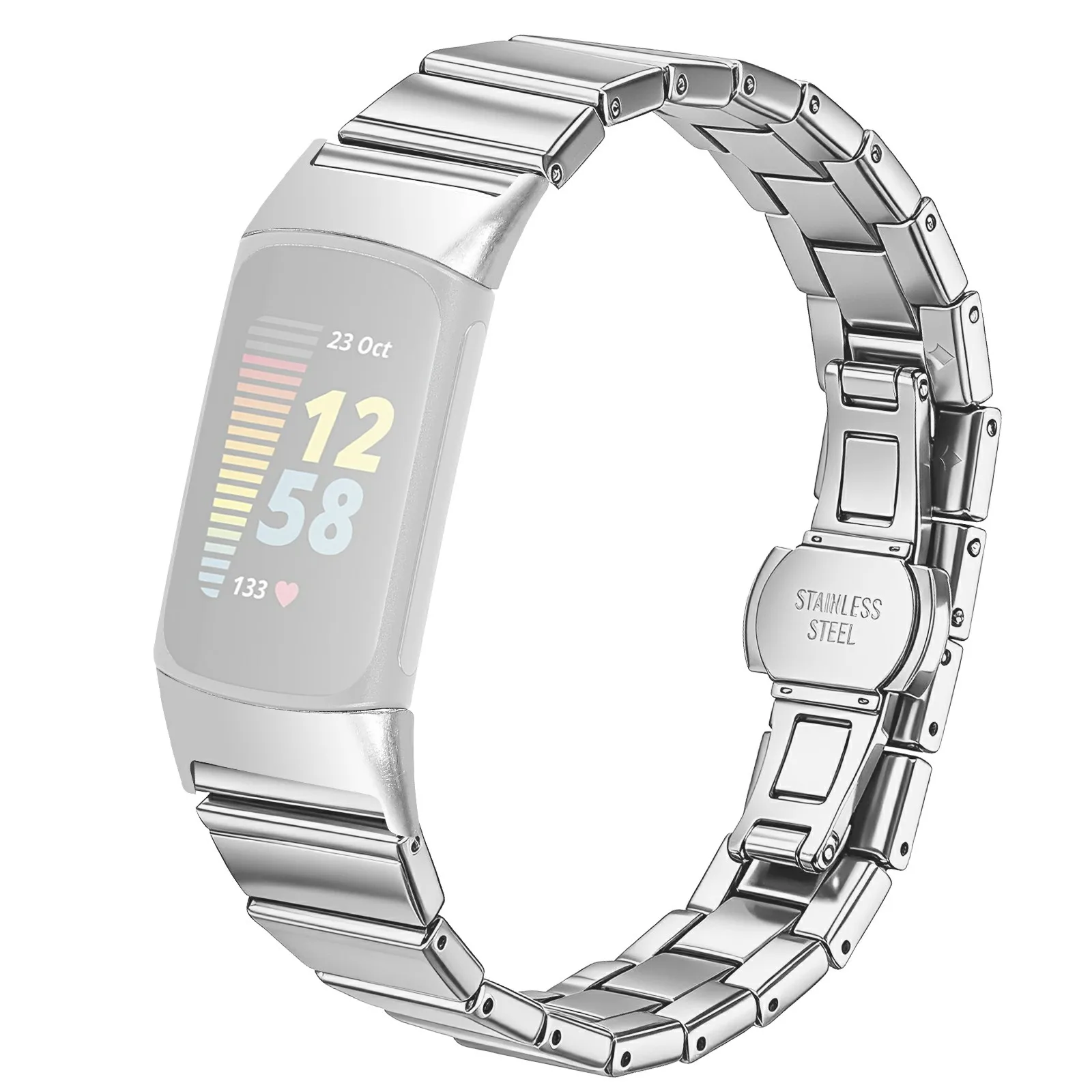 For Fitbit Charge 6 / Charge 5 Strap One-bead Stainless Steel Watch Band with Butterfly Buckle - Silver