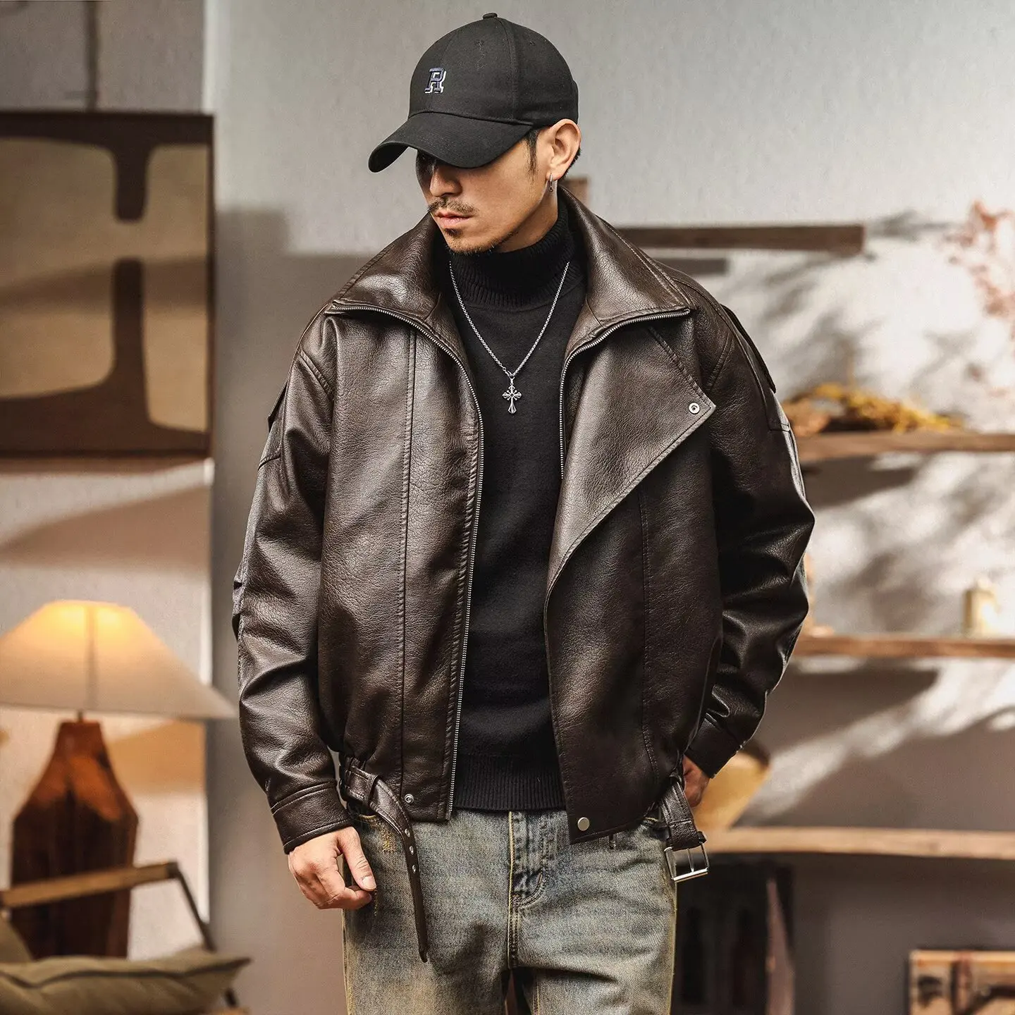 PU Leather American Retro Men's Jacket  Motorcycle Style Double Collar Autumn Winter Outerwear Zipper Closure Lightweight Coat