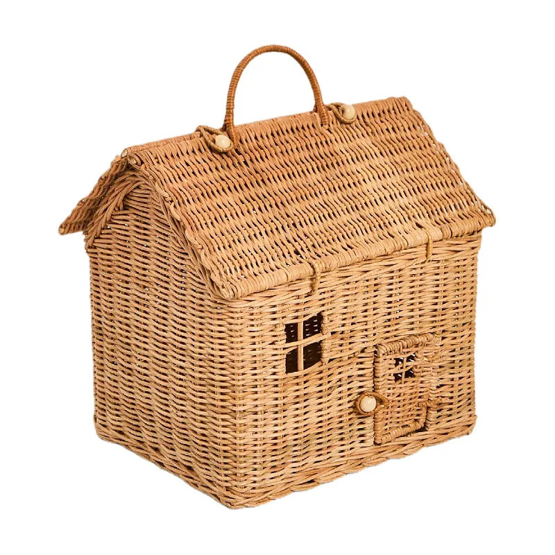 Rattan House‑Shaped Storage Basket with Lid, Safe Burr‑Free Kids T oy Box, Multi‑Purpose Pretend Play Tote & Boho Photo Decor