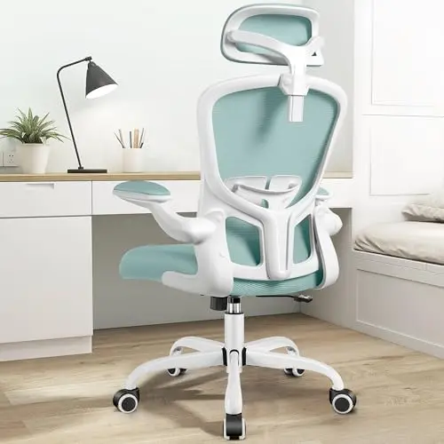 Ergonomische bureaustoel met verstelbare hoge rugleuning, ademend gaas, lendensteun, opklapbare armleuningen, Executive Rolling Swivel Co