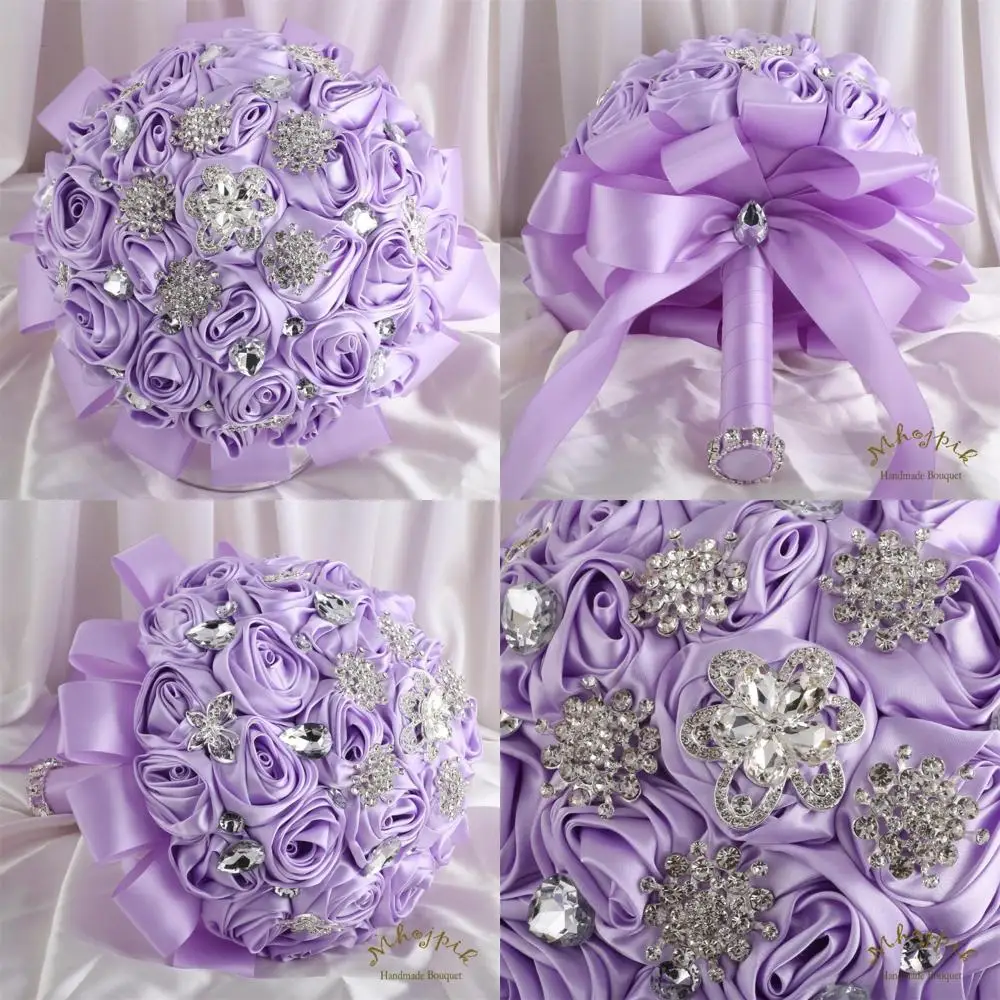 

Artificial Light Purple Rose Bouquet with Sparkling Brooch for Bridesmaid Wedding Toss, Perfect for Bridal Showers and Events