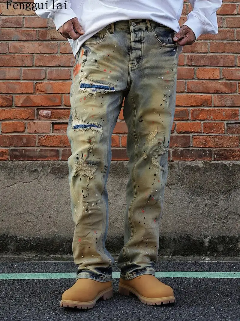 Mens Paint Splatter Ripped Denim Jeans Vintage Yellow Brown Wash Destroyed Patch Straight Leg Hip Hop Street Jeans