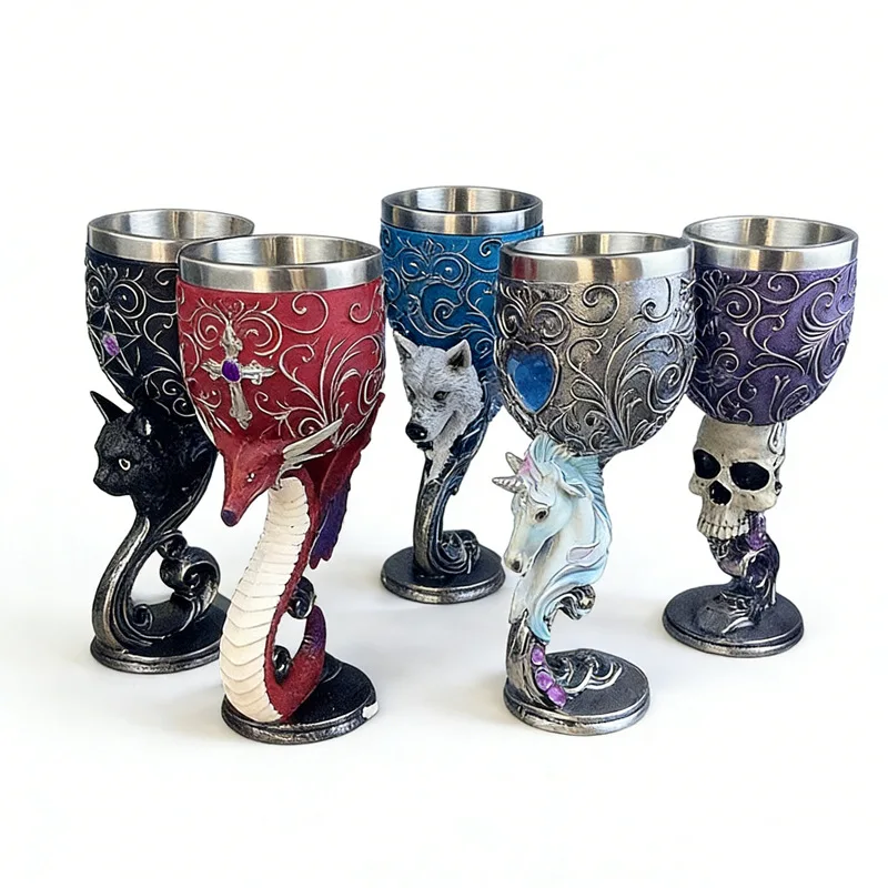 Dragon Wolf Cat Horse Skeleton Mug Stainless Steel Bar Party Red Wine Goblet Cup 200ML Home Office Medieval Holy Grail Retro