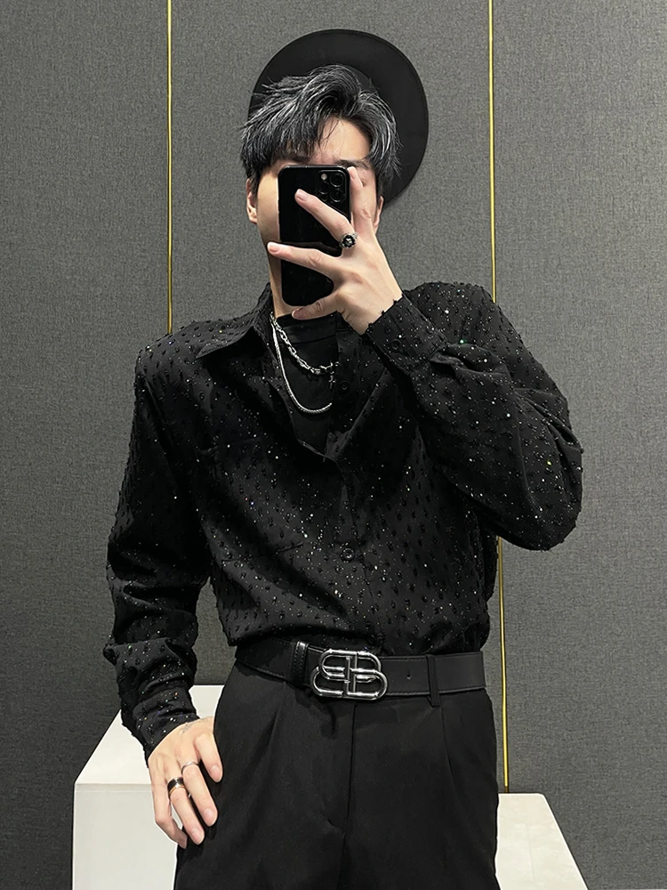 

Loose Men's Long Sleeve Shirt Tianxing Spring Autumn New Korean Design Sensation Heat Transfer Sequin Handsome Shirt