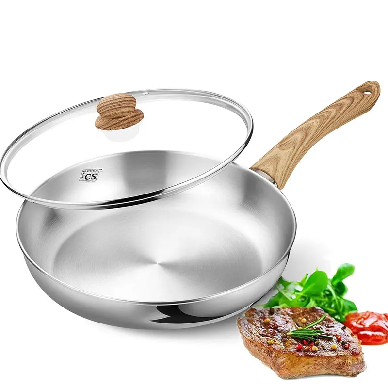 

10 inch 12 inch Deep Cooking Frying Pan with Lid No Coating Stainless Steel Frying Pan Skillet with Heat-resistant Handle
