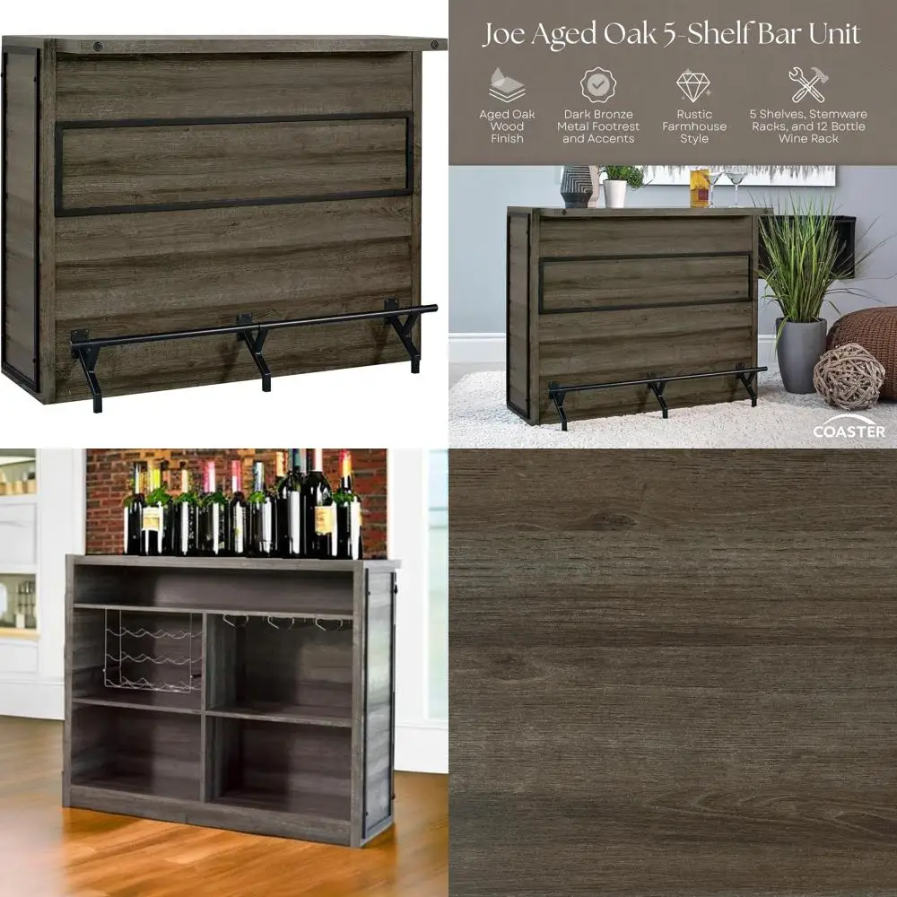 Rustic Farmhouse Style 5-Shelf Home Bar Cabinet for Wine and Liquor Storage in Aged Oak Finish