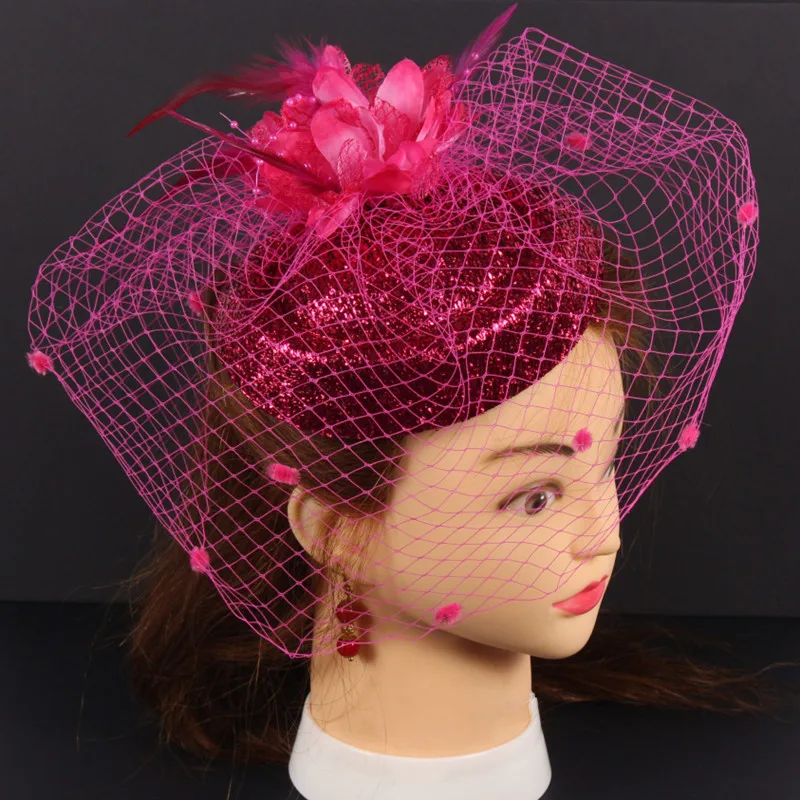 Womens Felt Fascinator Hat Fishnet Veil Plush Wave Point Decor Hair Clips Top Hat for Party Wedding Bridal Cocktail Headwear