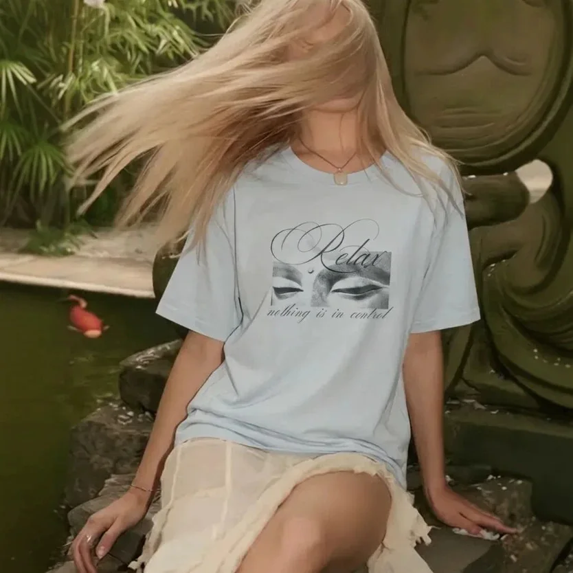 Chill Aesthetic Relax Cursive Text Front Print Oversized 100% Cotton Minimal Summer T Shirt Streetwear Women Fashion Tops