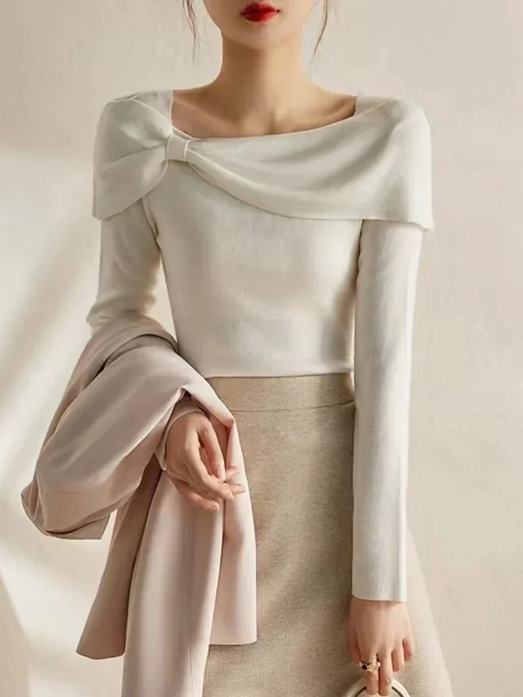 Damski sweter z kokardą, dzianinowy, z długim rękawem, topy dziergane, moda koreańska, odzież damska, swetry pulowerowe, jesień zima, ropa de m