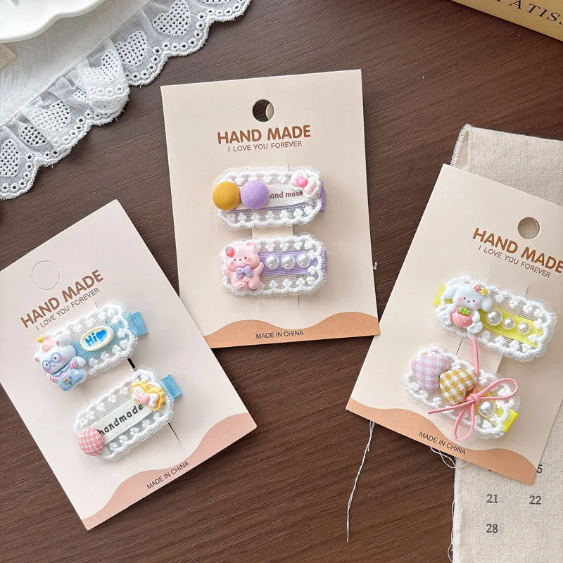 

Набор из 2 шт. корейских милых мультяшных заколок для волос с кружевным бантом для девочек, заколки для челки, аксессуар для волос в стиле «Допамин»