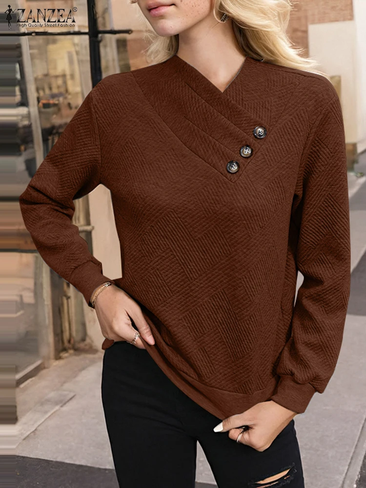 Women Long Sleeve Sweatshirt Elegant Texture Knitted Pullovers ZANZEA Vintage Irregular V-neck Buttons Hoodies Retro Fashion Top