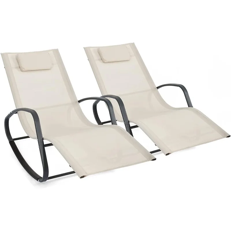 Lounge Chair, Outdoor Patio Chaise Lounges with Detachable Pillow for Lawn, Pool Lounge Chairs Beige, Twin Pack