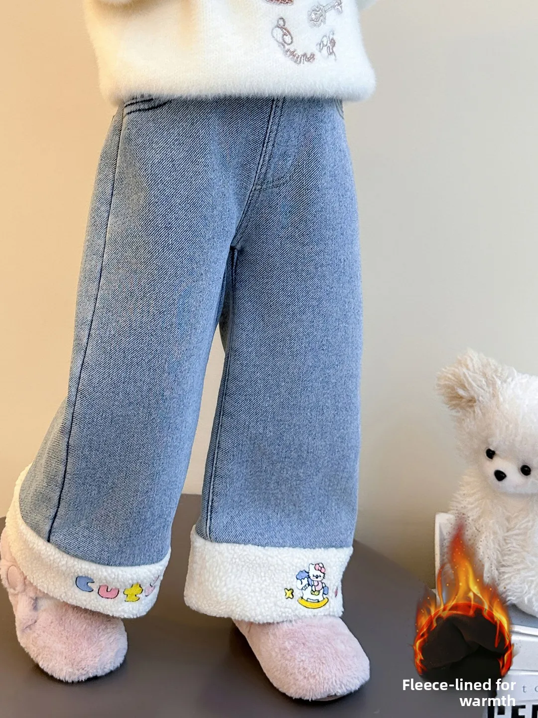 

Джинсы из моего меха ягненка для девочек, новые зимние джинсы с милой буквенной вышивкой, прямые брюки с высокой талией, длинные брюки