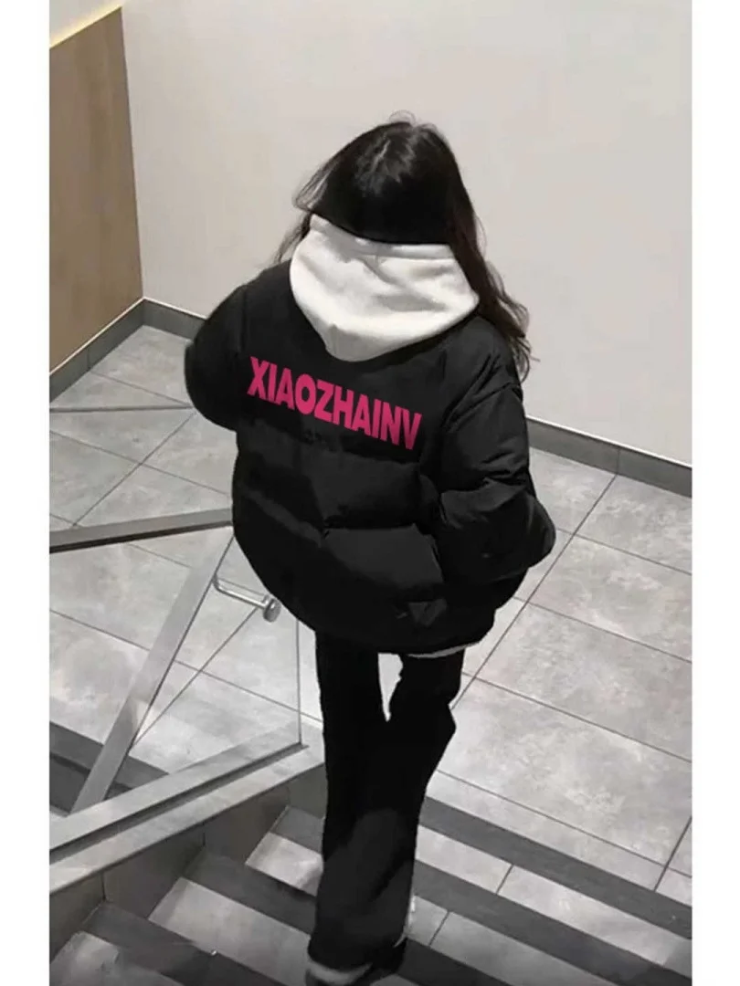 

plus Size Casual Loose Thiened Stand Collar Cotton Jaet Women's Loose Fit Warm Cotton Coat Letter Print Design Winter Out...