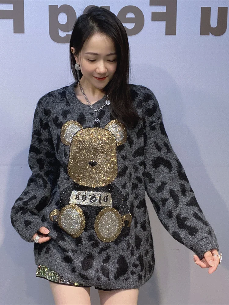 

New Women's round Ne Knitted Sweater Mid-Length Loose Fit Autumn Winter Street Sle Faux Fur Coat Leopard Print Thermal Top