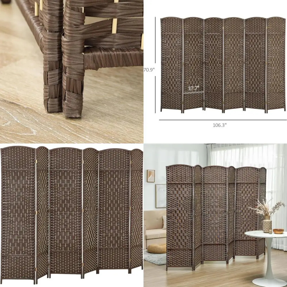 

6-Panel Folding Privacy Screen, 6-Foot Tall, Hand-Woven Room Divider for Home Office and Bedroom, Brown