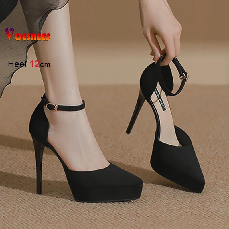 2026 أسود مثير خنجر الصنادل أحذية نسائية 12 سنتيمتر مدبب تو جوفاء مغلقة تو الصنادل منصة مقاوم للماء السيدات حذا فردي للسيدات