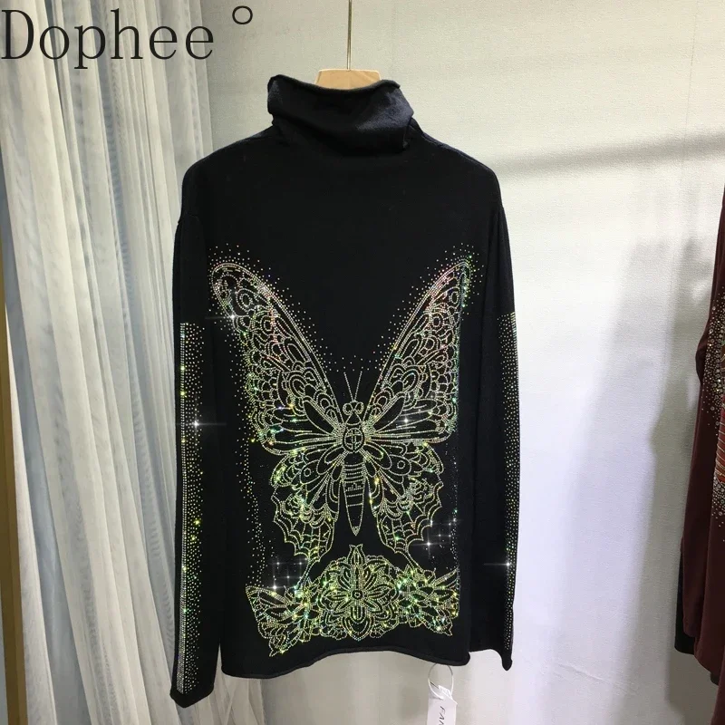 Luxury Shiny Butterfly Hot Drilling Women Sweater All-match Autumn Winter High Collar Pullover Top Elegant Black Knitted Basic