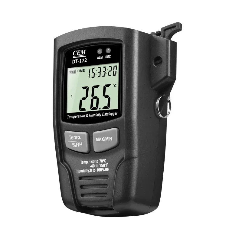 DT-172 Data Logger Temperature Humidity with Record 32000 Data Sound and Light Alarm for Warehouse/Building/Lab/Transportat