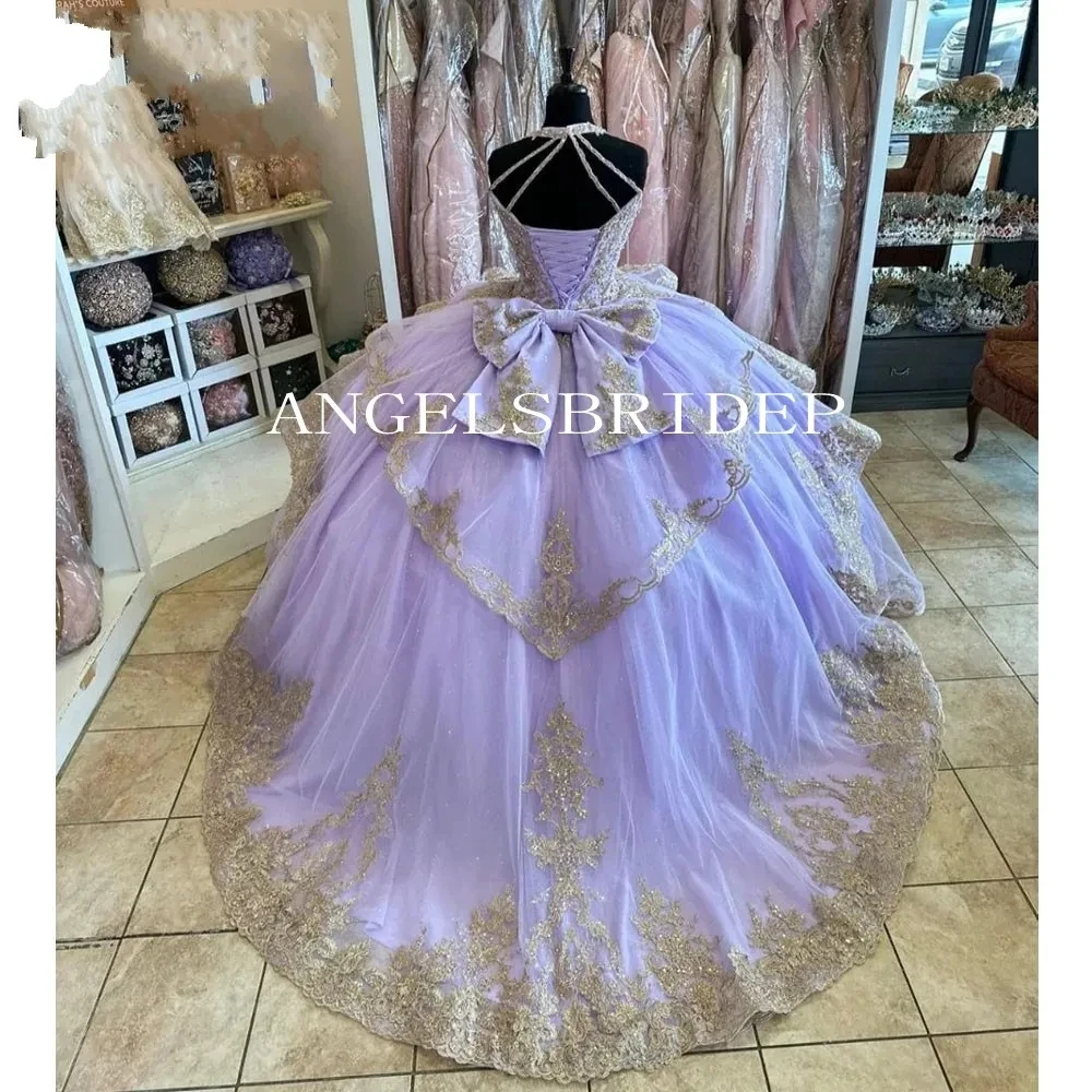 Angelsbridep-vestido De Quinceañera De lavanda brillante, cuello Halter escalonado, apliques dorados, cuentas De cristal, corsé De 15 Años