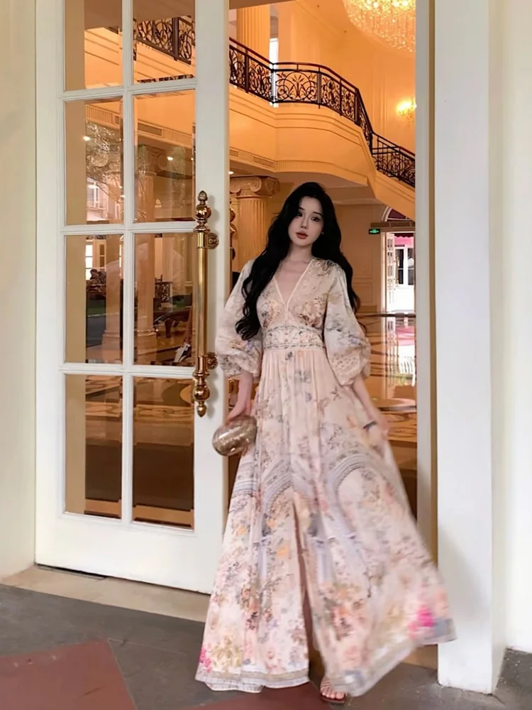 

Romantic V-neck Lantern Sleeve Print Dress Women's Long Dress Waist-cinching Holiday Style Summer Loose Fit Fairy Skirt