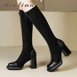 Meotina stivali alti al ginocchio in vera pelle da donna punta tonda tacco alto con cerniera Lady Fashion stivali lunghi autunno inverno scarpe nere