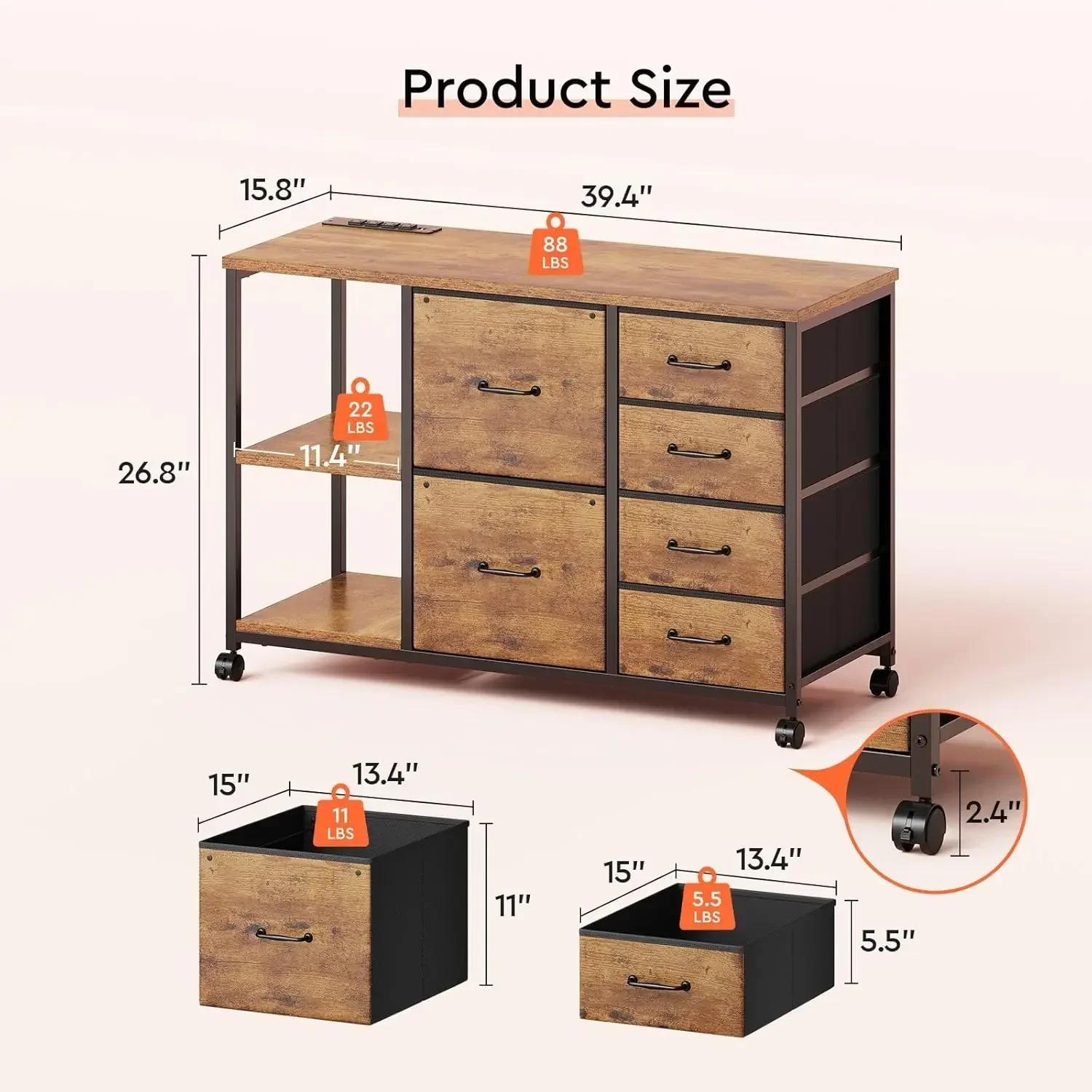 Rolling Printer Stand With Charging Station Six Drawer Lateral Filing Cabinet Open Storage Shelf Home Office Rustic Brown Fabric