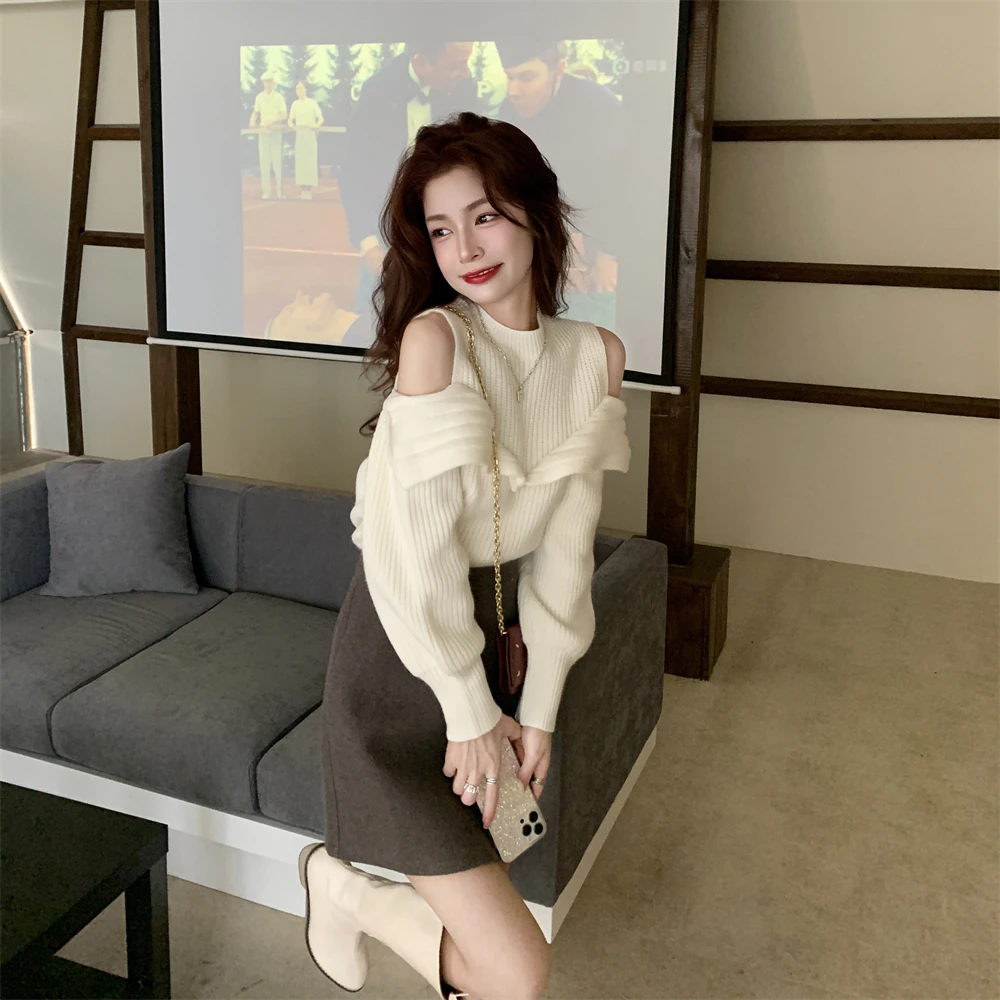 Off Shoulder Pullovers Women Knitwear Jumpers Elegant Half High Collar All-match Slouchy Loose Design Autumn Daily Commuting Ins