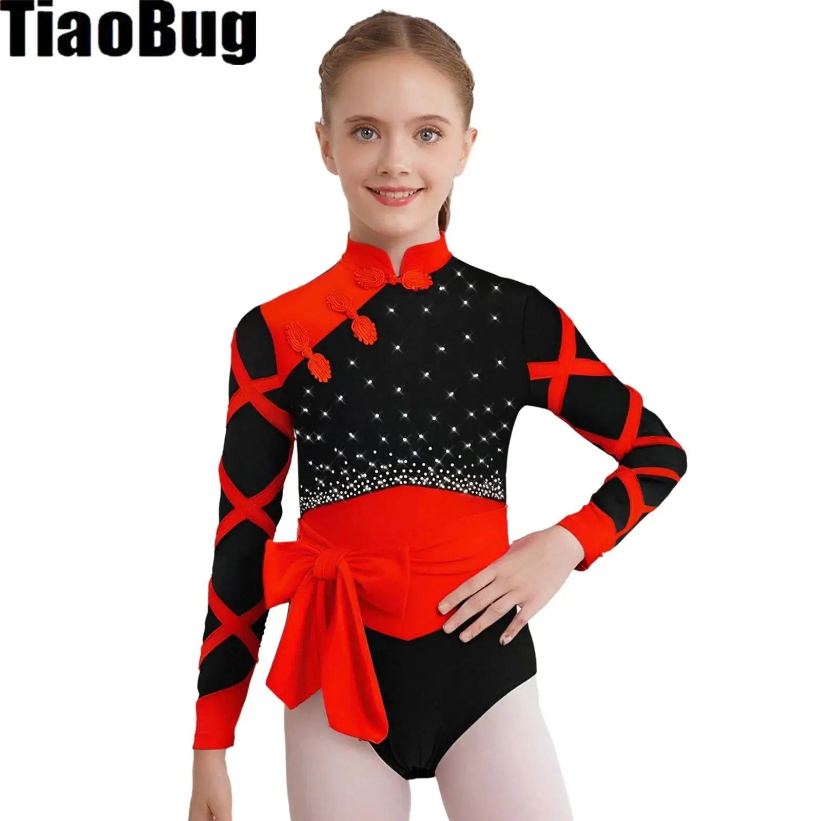 

Kids Girls Chinese Style Dance Outfit Knot Button Mandarin Collar Long Sleeve Rhinestones Color Block Leotard with Belt