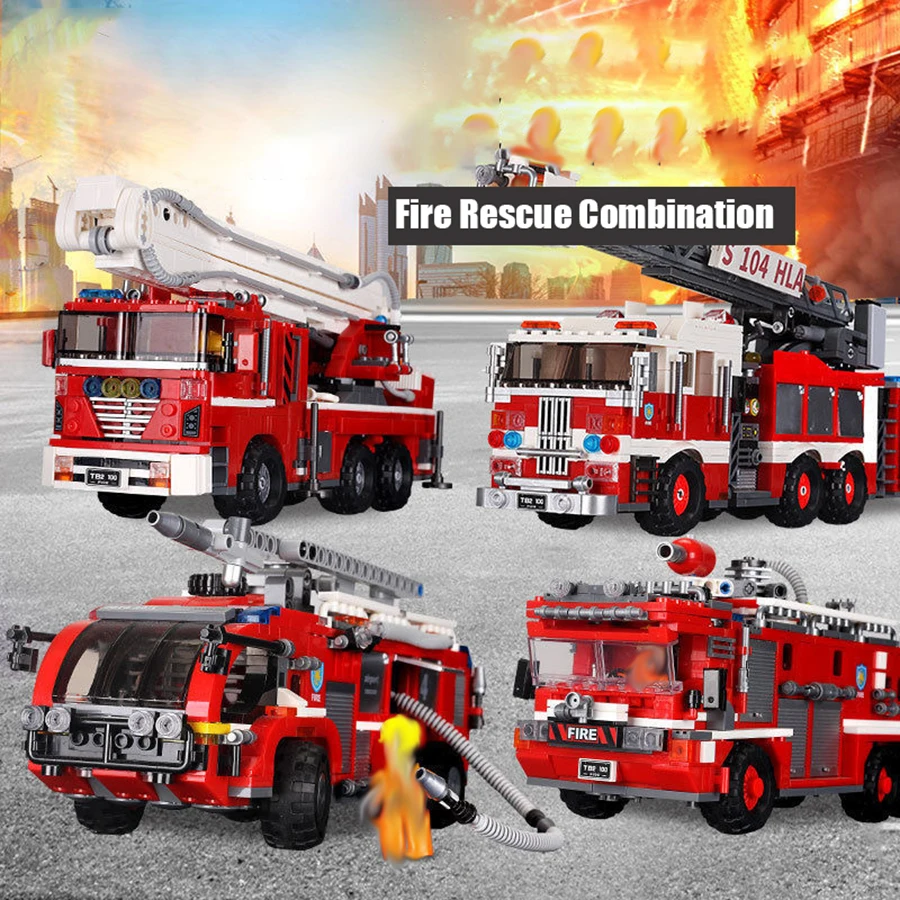 MOC Technical City Ladder Firetruck Fire Truck Building Blocks Police Set Bricks Moc Water Tank Firemen Car Bricks Toys For Kids