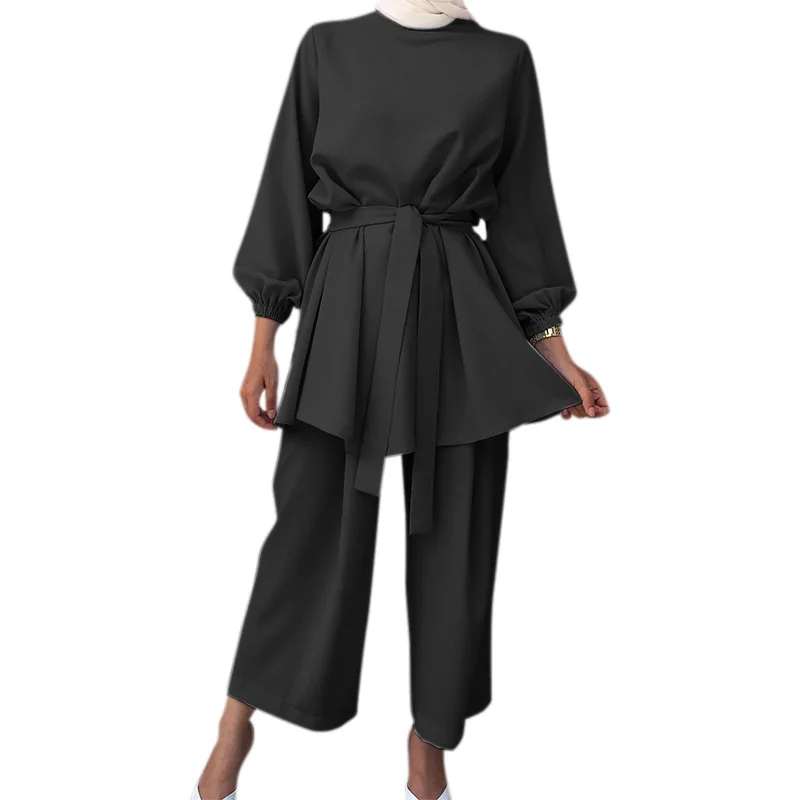 Ramadan Muslim Set Belted Suit Women Islam Clothing Turkey Dubai Abaya Kaftan Dress Outfits Tops Pant Femme Musulmane Ensembles