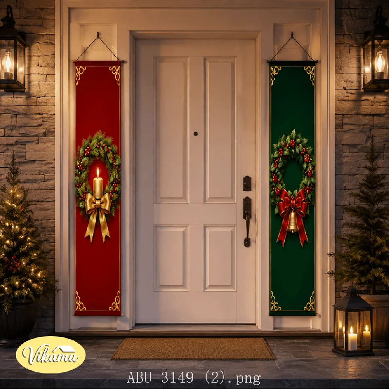 VIKAMA Vintage Christmas Door Banner Tapestry Wreath Candle Bell Bow Front Door Porch Entryway Home Holiday Decor