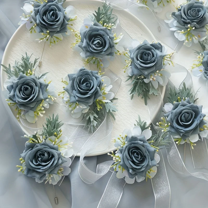 

Deep Grayish Blue Rose Wedding Wrist Corsage and Boutonniere Elegant Floral Accessories for Bride Bridesmaid Men Groom