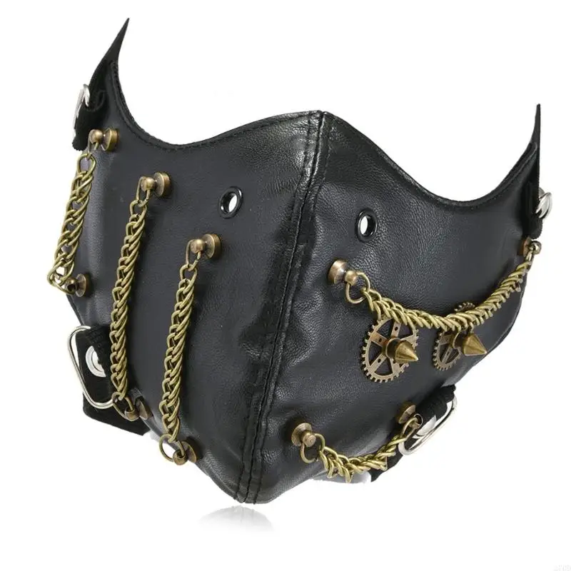 270D Gothic Riveted Chain Mask Practical PU Leather Face Cover For Costume Parties Stage Performances